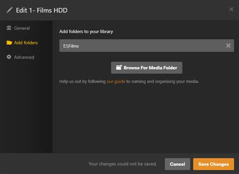 Edit a Library from the settings menu Open the settings menu by selecting. . Plex add library changes could not be saved